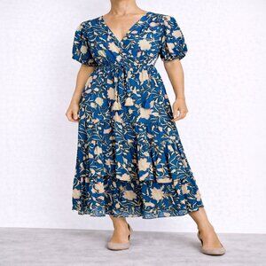 Blue‎ Floral Tiered Midi Dress Boho Faux Wrap Medium